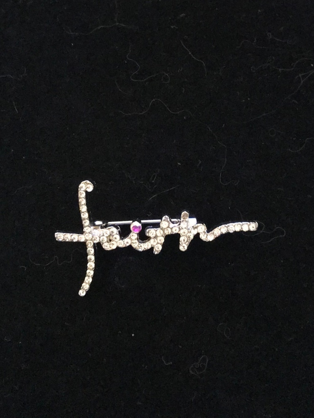 NWOT silver rhinestone script “faith” brooch (pins: 1/$12, 2/$20)